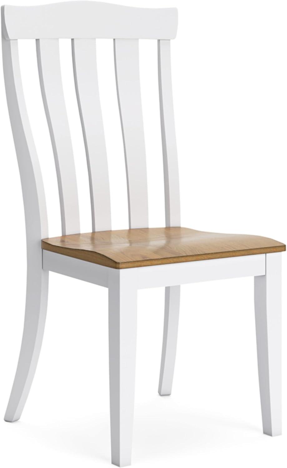 White and Light Brown Wood Slat Back Upholstered Side Chair