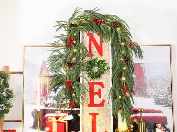 9ft Artificial Christmas Garland, Real Touch Norfolk Pine Garland- Winter Pine Garland, Greenery Christmas Garland for Mantle, Table, Fireplace, Indoor, Outdoor Christmas Decorations