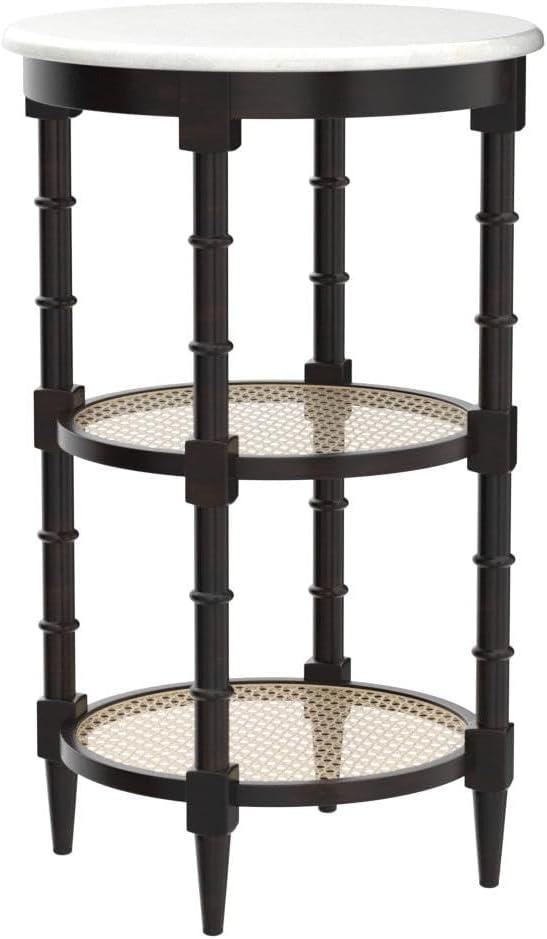 Creative Co-Op Mango Wood and Marble Top with Rattan Shelves Round End Table, Brown