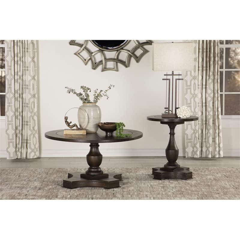 Transitional 20" Round Wood Pedestal End Table in Rich Coffee