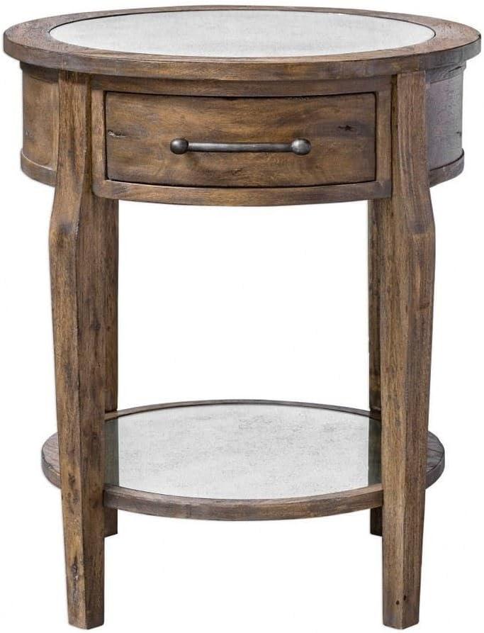 Rustic Brown Round Wood and Glass Side Table with Storage