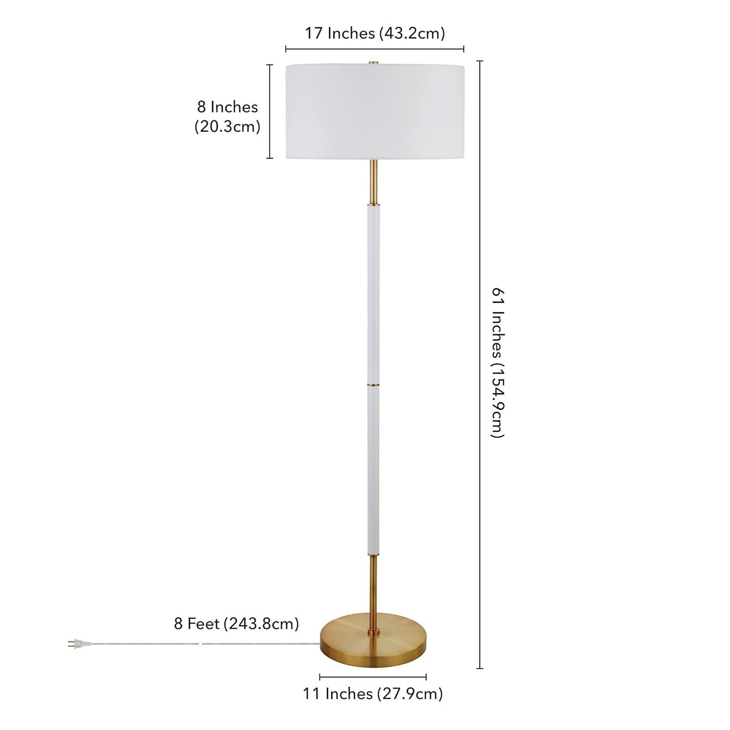 Evelyn&Zoe Simone 2-Light Floor Lamp with Fabric Shade, Matte White/Brass/White
