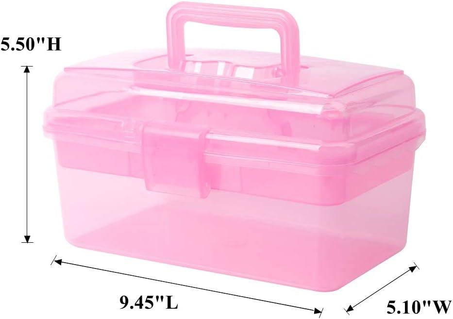 BangQiao Multipurpose Plastic Storage Container Organizer Box Case with Removable Tray and Handle for Art, Craft, Sewing Supplies, Clear&Pink