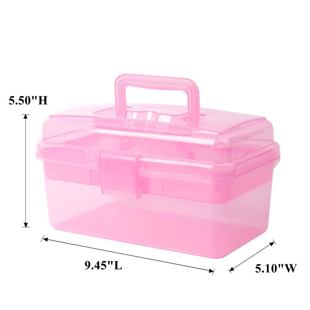 BangQiao Multipurpose Plastic Storage Container Organizer Box Case with Removable Tray and Handle for Art, Craft, Sewing Supplies, Clear&Pink