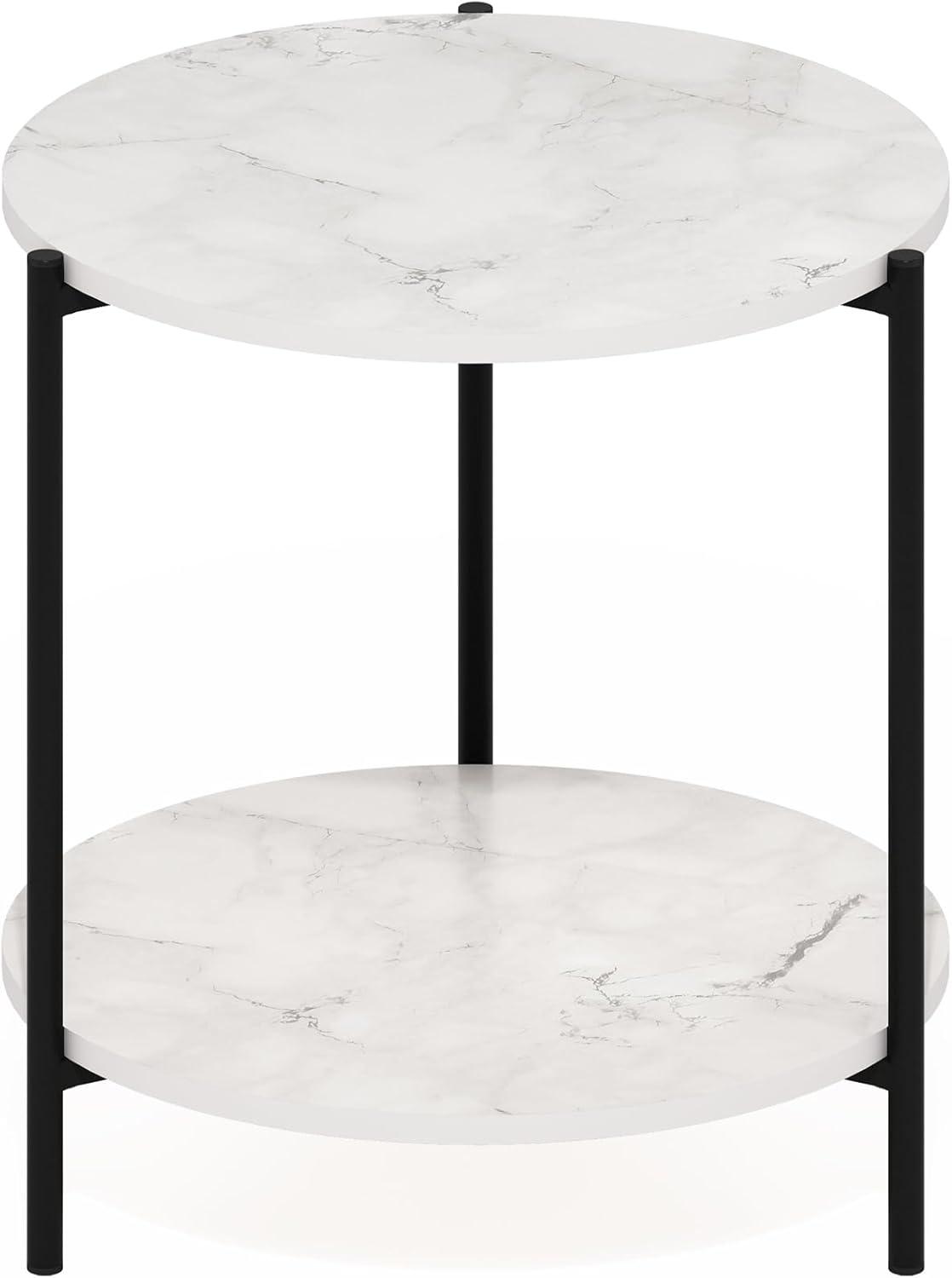 Furinno Besi 2-Tier Modern Round Side End Table with Sturdy Metal Legs, Marble White