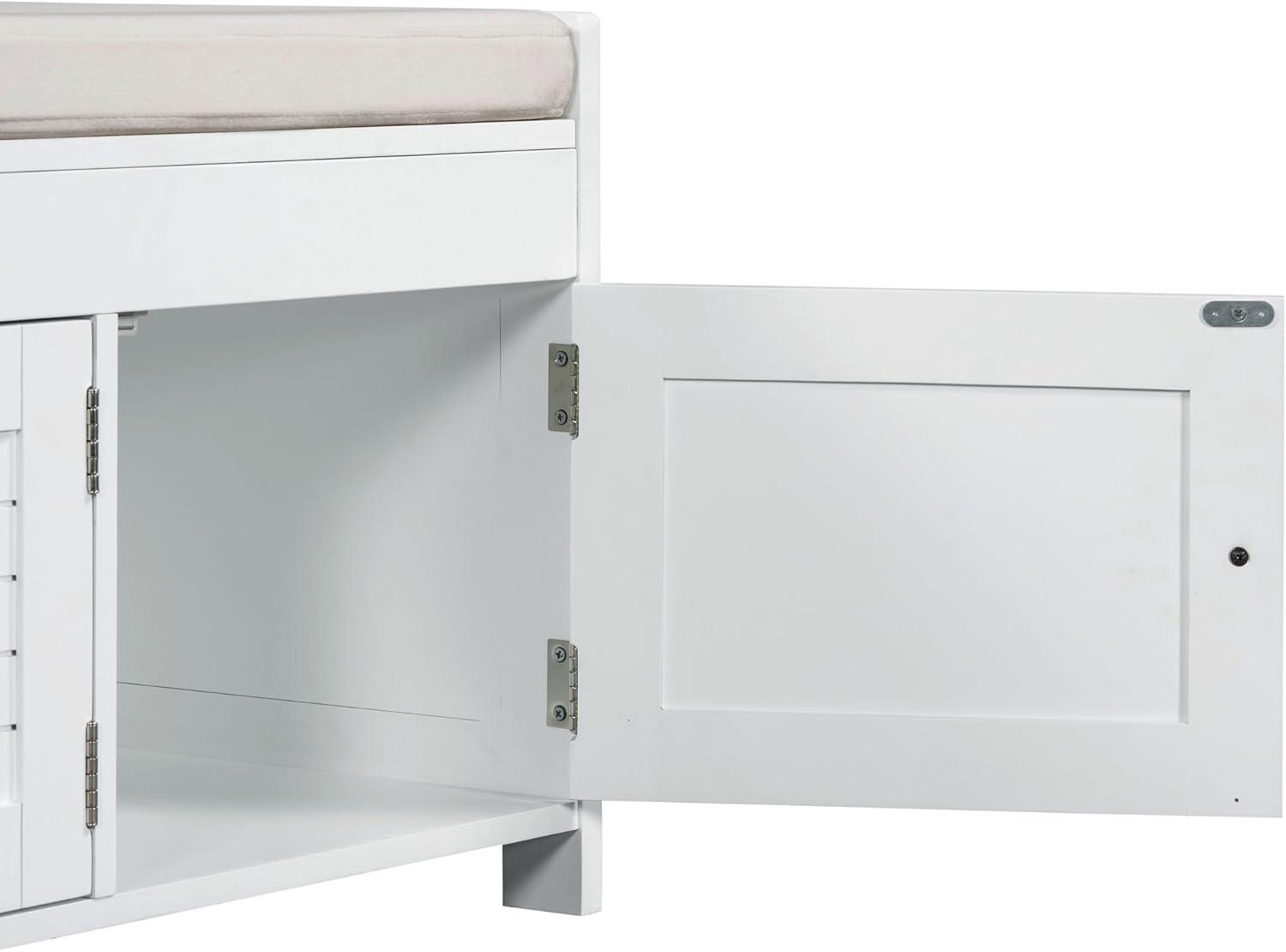 Wood Storage Bench with Removable Cushion and 3 Shutter-Shaped Doors (White)