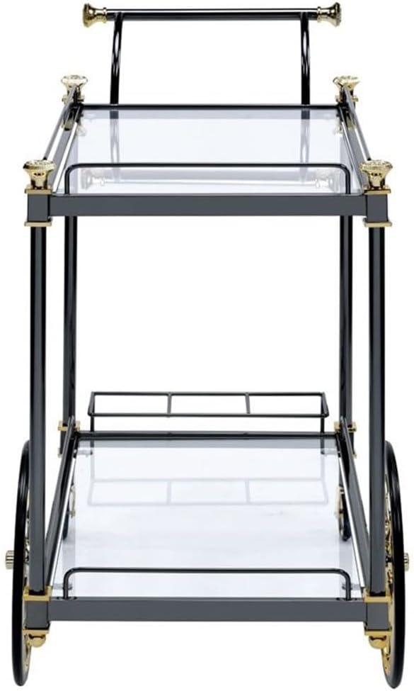 ACME Cyrus Rectangular Glass Top Serving Cart with 2 Shelves in Black and Clear