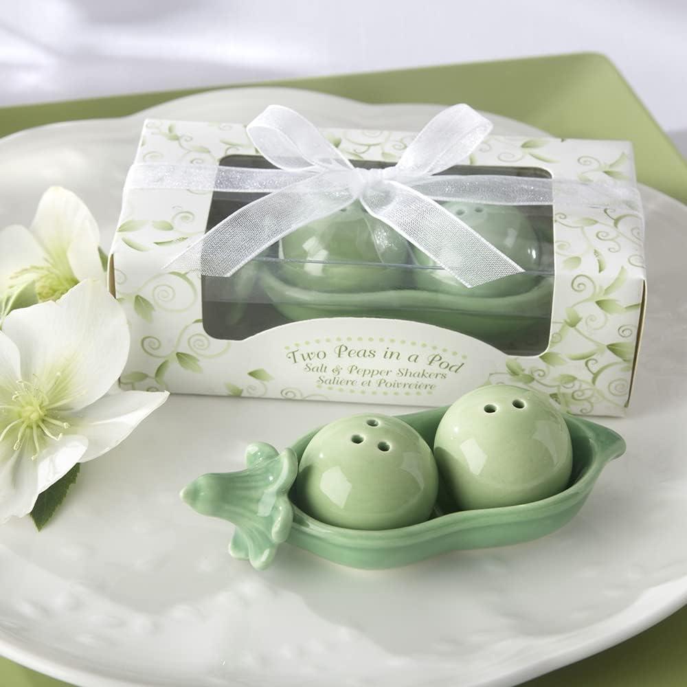 Two Peas in A Pod Ceramic Salt and Pepper Shakers in Ivy Print Gift Box Wedding favors