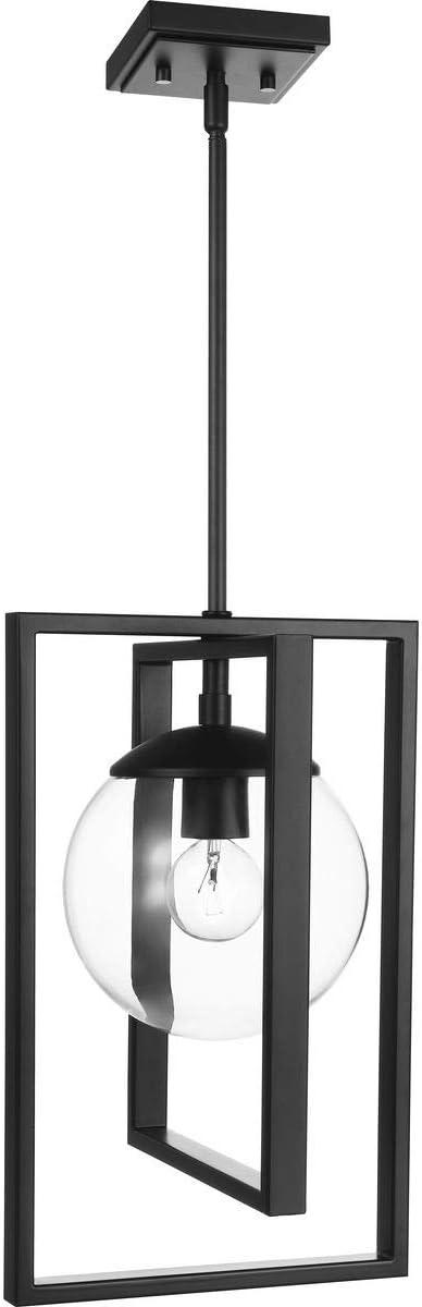 Progress Lighting Atwell 1-Light Pendant, Matte Black, Clear Globe Shade