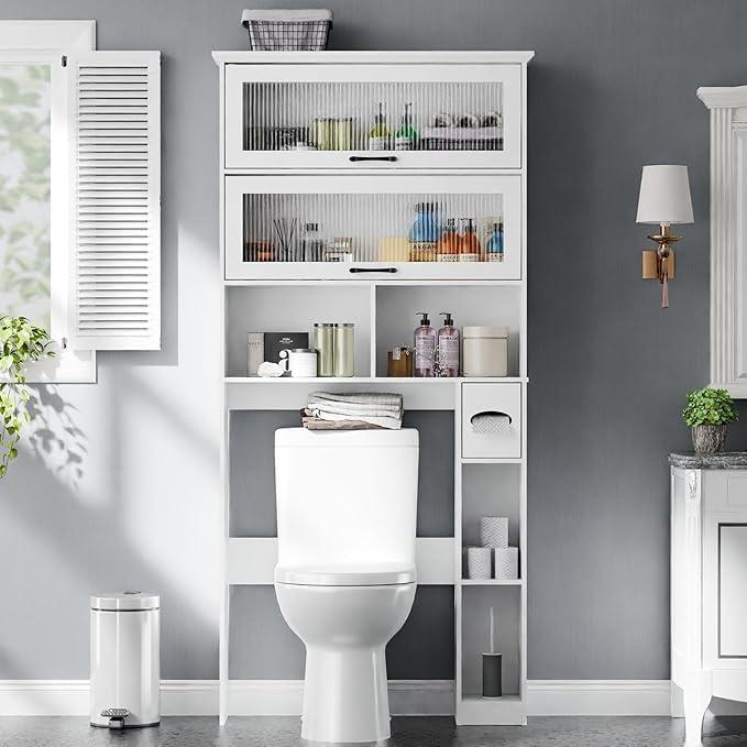 Over The Toilet Storage Cabinet with Transparent Door, Toilet Paper Storage Cabinet with Multi Layer Shelves Suitable for Bathroom, Laundry Room, Freestanding Bathroom Storage Rack,White