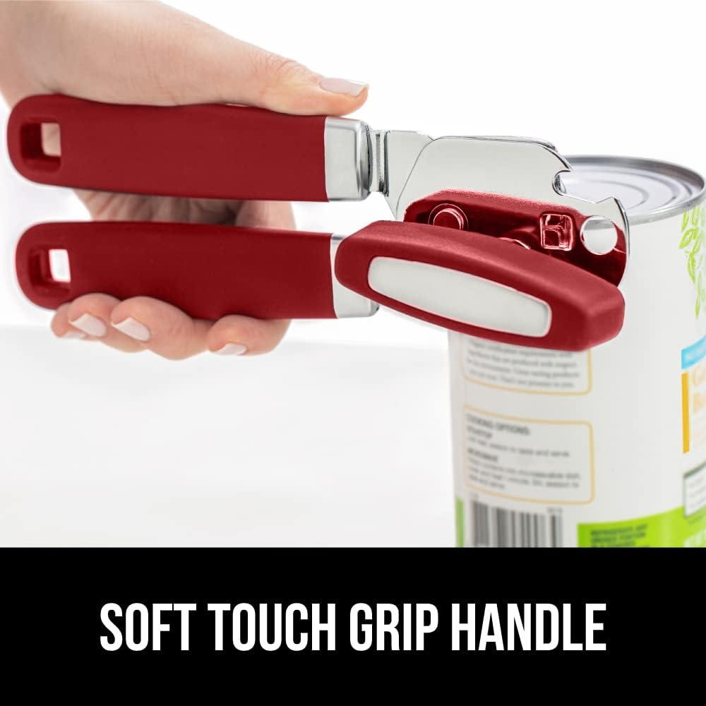 Gorilla Grip Stainless Steel Manual Can Opener, Soft Touch Handle, Built-In Bottle Opener, Red