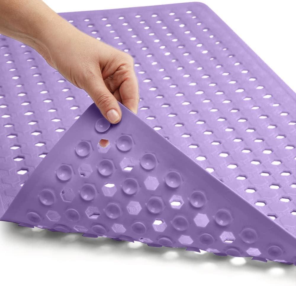 GORILLA GRIP Patented Bath Tub Shower Mat, Machine Washable Bathtub Floor Liner Mats, Suction Cups and Drain Holes to Keep Tubs Clean, Soft on Feet, Bathroom Essentials, 35x16 Inch, Purple Opaque
