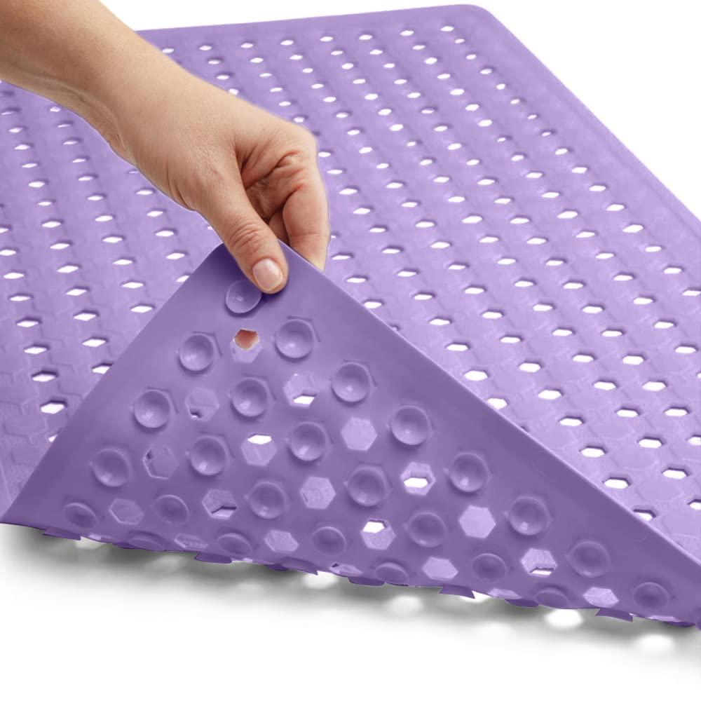 GORILLA GRIP Patented Bath Tub Shower Mat, Machine Washable Bathtub Floor Liner Mats, Suction Cups and Drain Holes to Keep Tubs Clean, Soft on Feet, Bathroom Essentials, 35x16 Inch, Purple Opaque