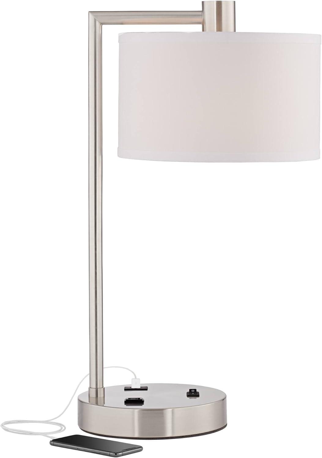 Brushed Nickel Desk Lamp with White Linen Shade and USB Port