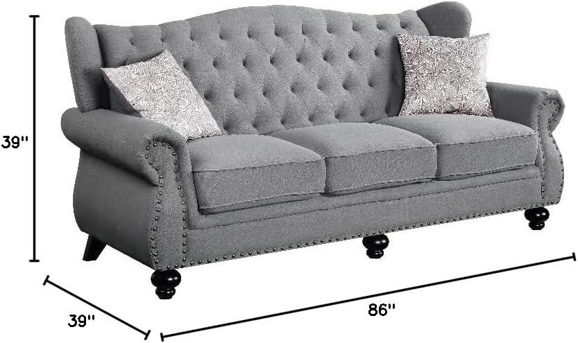 86" Hannes Sofa Gray Fabric - Acme Furniture: Classic Design, Winged Backs, Nailhead Trim