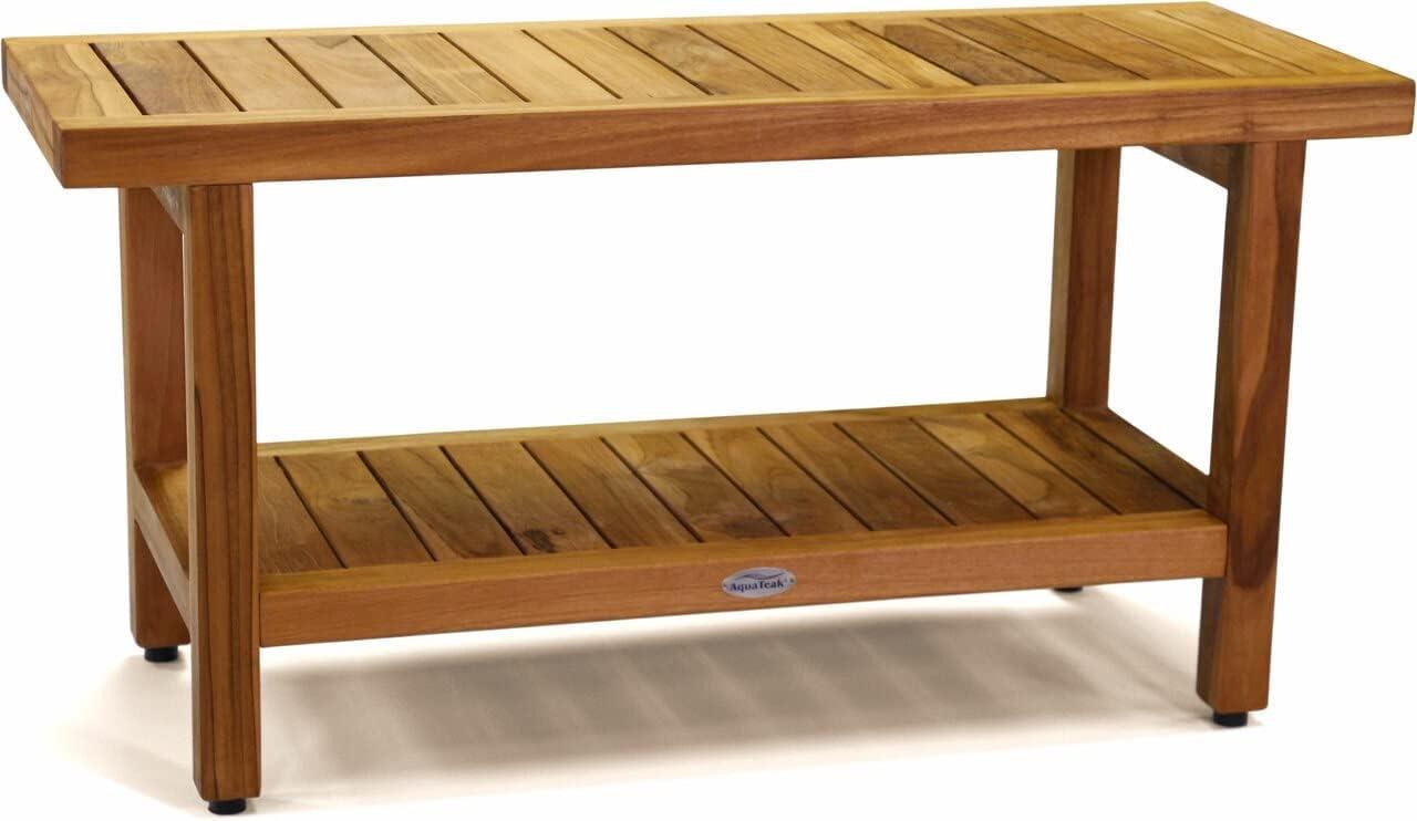 36" Natural Teak Wood Spa Shower Bench with Shelf