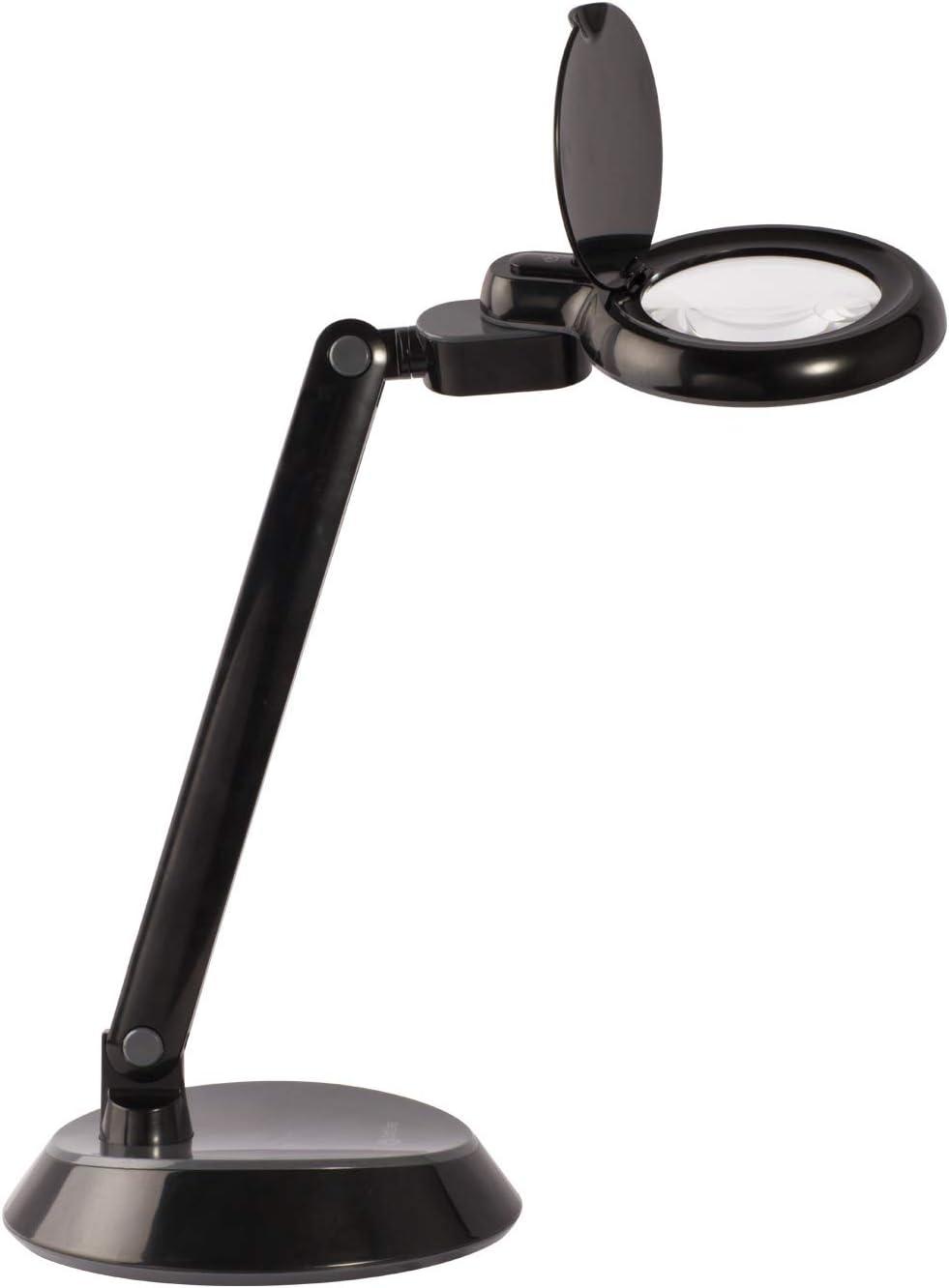 Compact Adjustable Black LED Desk Lamp with Optical-Grade Magnifier