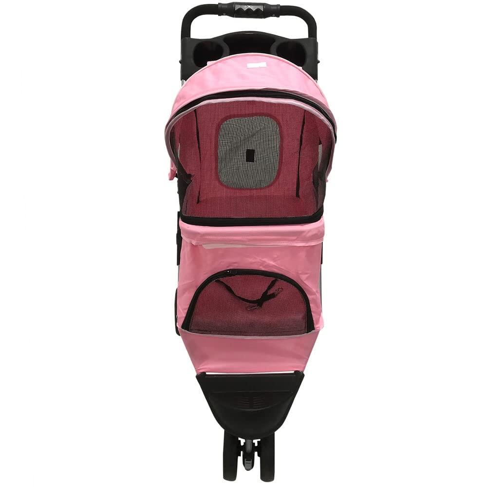 Pink 3-Wheel Jogging Pet Stroller with Storage Basket