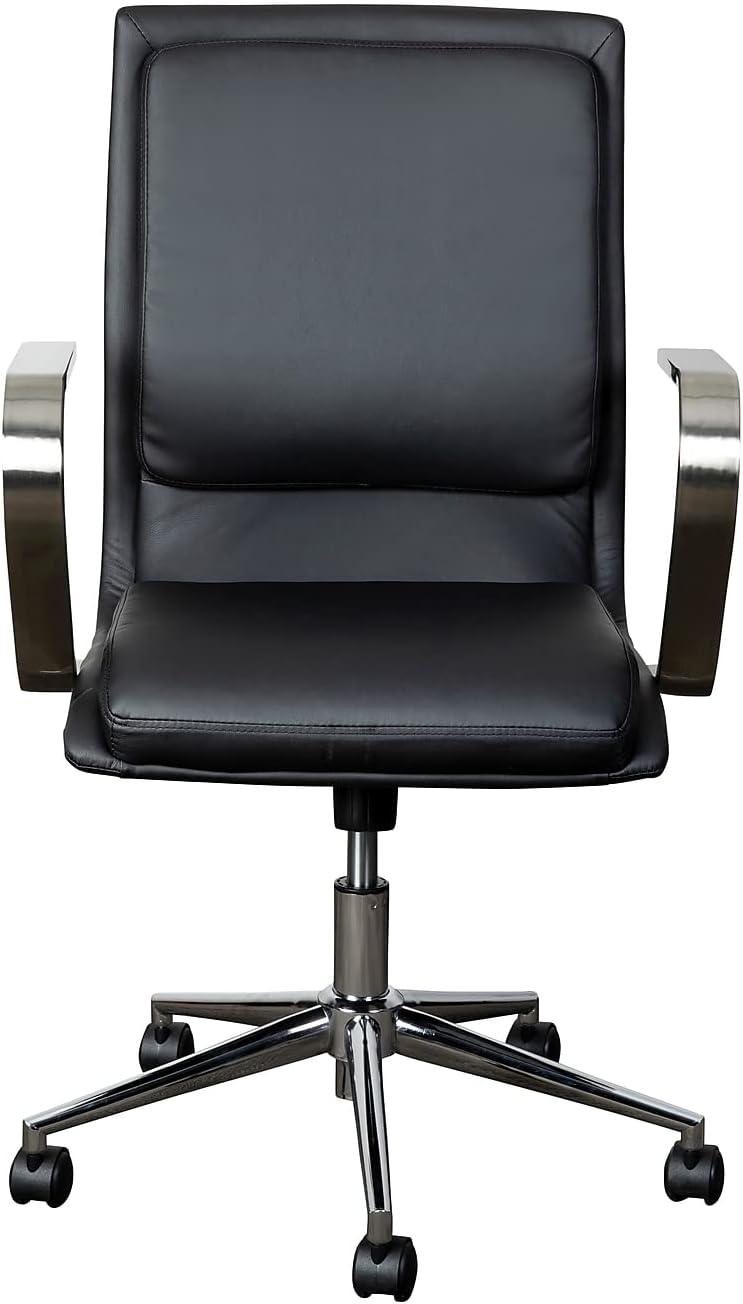 Modern Swivel Mid-Back Executive Chair in Brushed Chrome and Black Leather