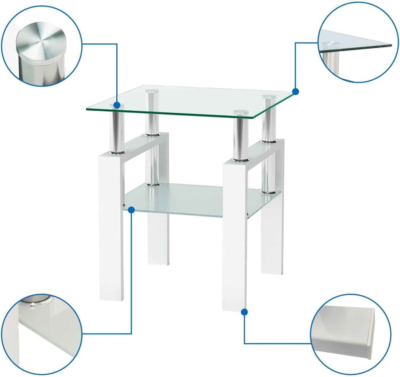 Modern Clear Glass and White Metal 2-Tier End Tables, Set of 2