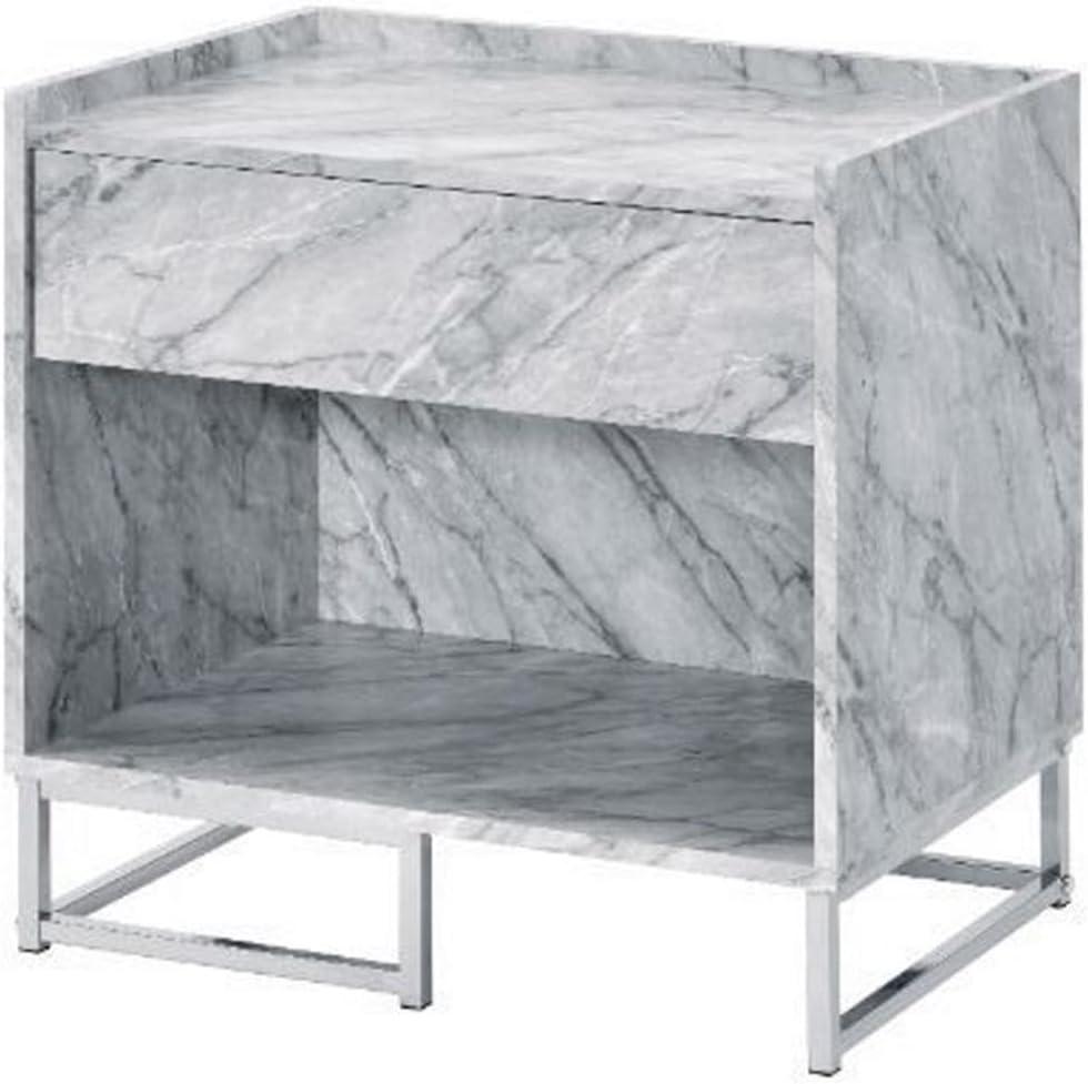 Ergode Accent Table White Printed Faux Marble & Chrome Finish