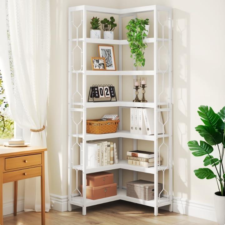 Tribesigns 7-Tier L-Shaped Bookshelf, Wood Corner Etagere Bookcase, Freestanding Display Shelving Unit, White