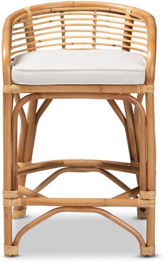 Tropical Oasis White Fabric and Natural Rattan Counter Stool