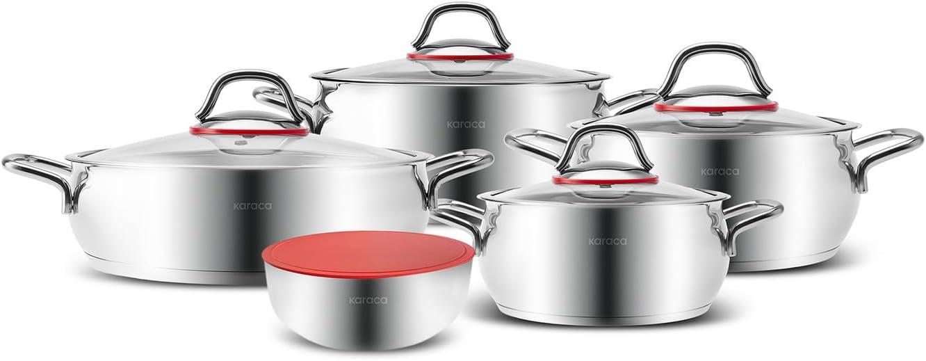 KARACA Stainless Steel Cookware Emirgan XL Set of 10 Piece, Pot, Deep Pot, Casserole, Container with Lid, Easy to Use Stylish Handles, Heat Resistant Cover, Essential Kitchen Accessory