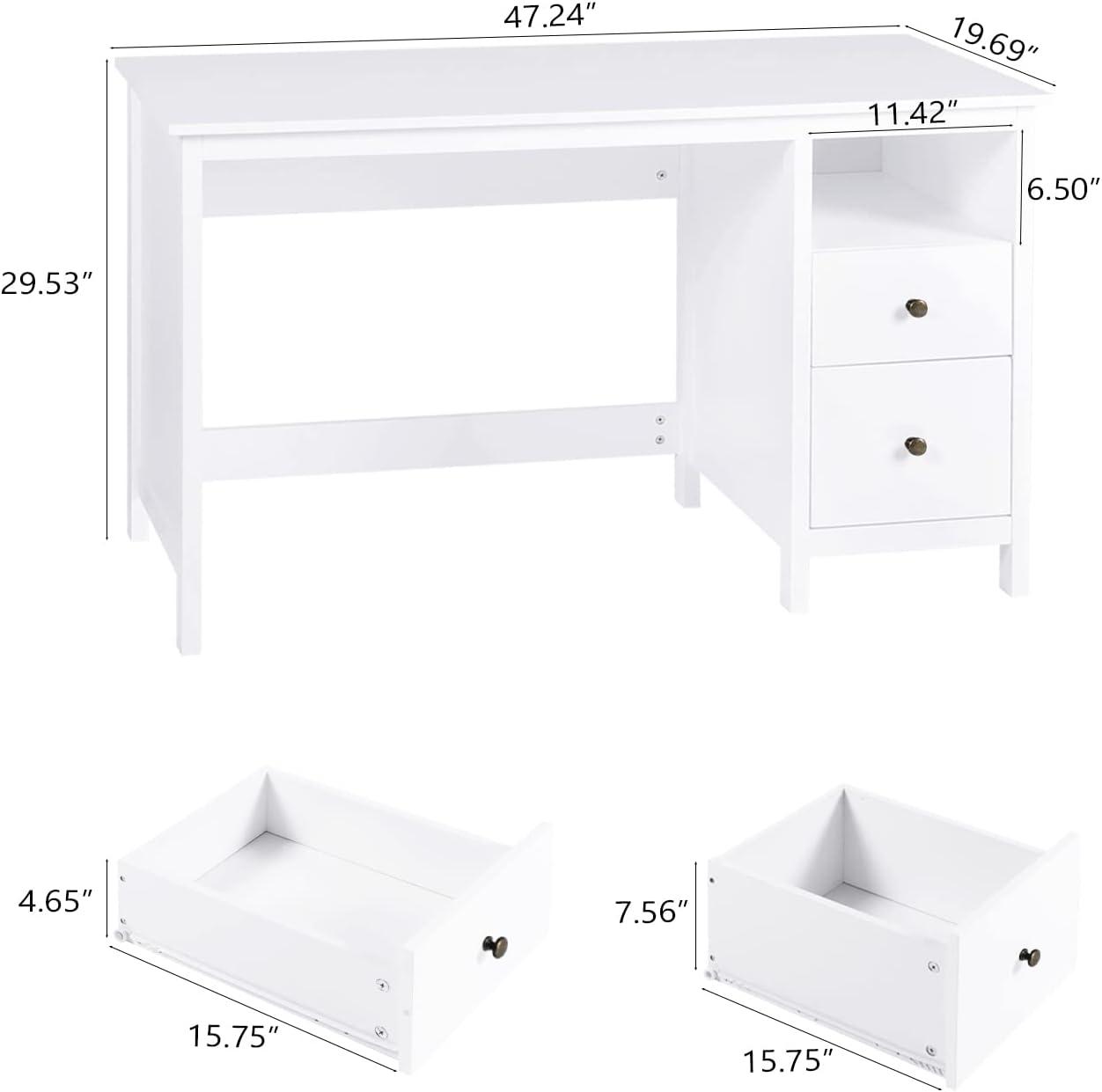 Alieon White Writing Desk with Drawers - 47” Modern Home Office Study Computer Desk with Storage Cabinet & Open Shelf, Simple Vanity Table for Bedroom