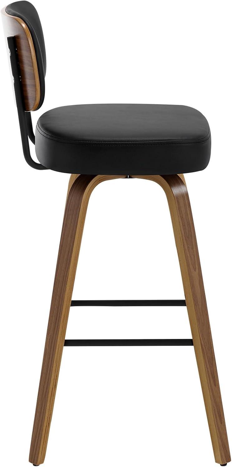 Black Faux Leather Swivel Bar Stools with Walnut Bentwood Legs, Set of 2