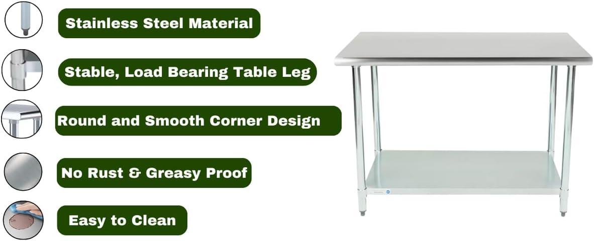 NSF Certified Heavy Duty Stainless Steel Prep Table for Home & Commercial Use with Galvanized Shelf, Legs, & Optional Wheels