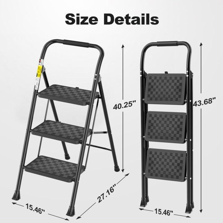 Black Folding 3-Step Ladder with Cushioned Handle