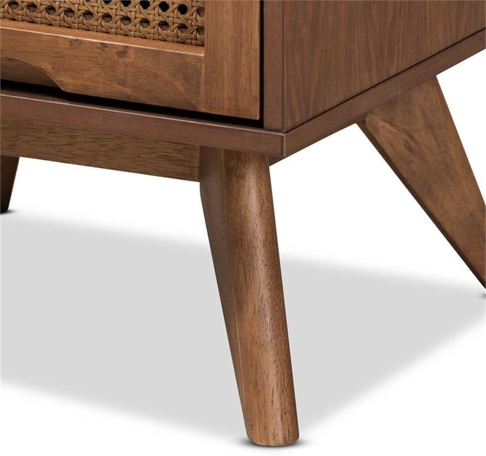 Barrett Wood & Synthetic Rattan Nightstand: 2 Drawers, Angled Legs - Baxton Studio