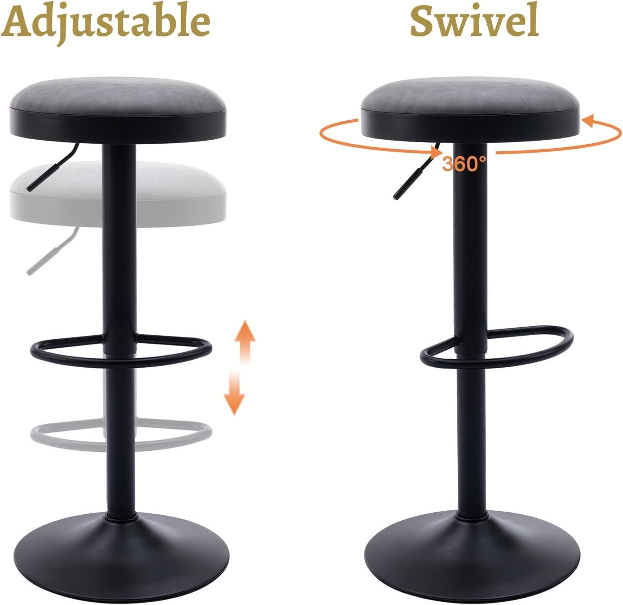 Adjustable Gray Leather and Metal Swivel Bar Stools