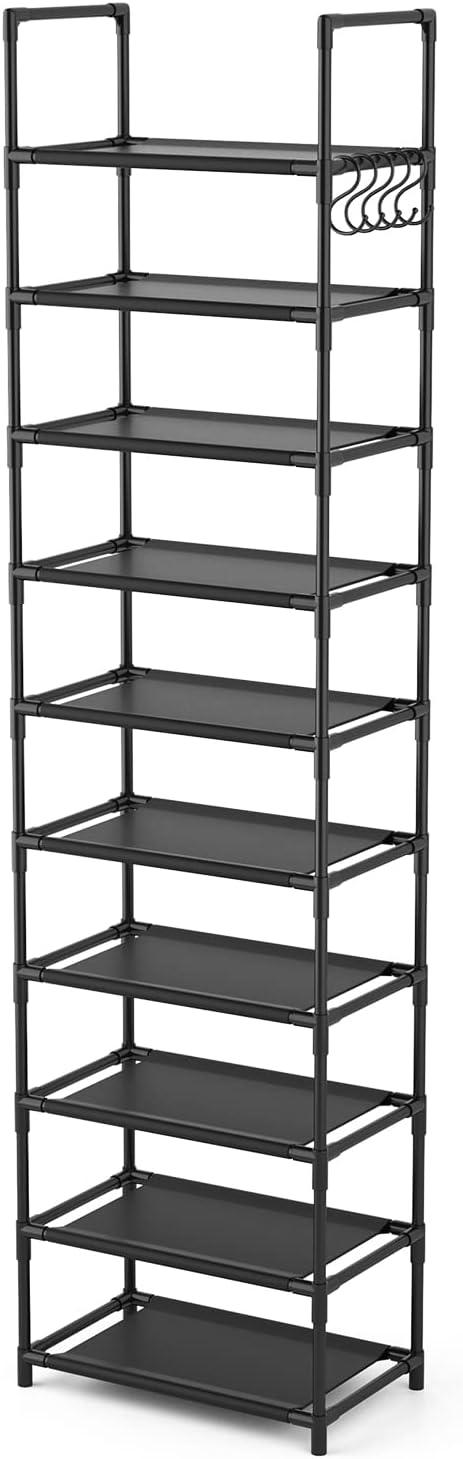 Shoe Rack Organizer, 10 Tier Tall Shoe Rack for Closet Entryway - Holds 20-25 Pairs with Hooks