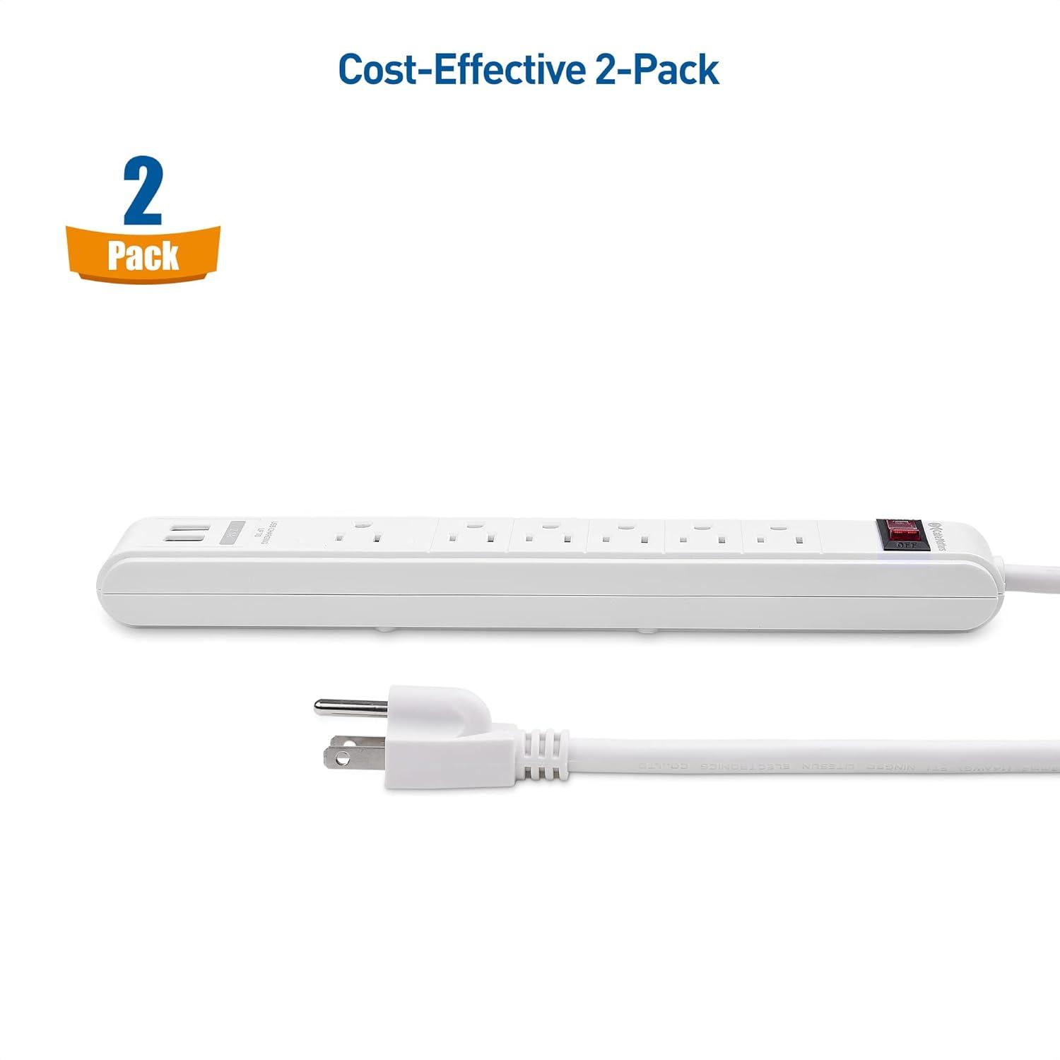 White 6-Outlet Surge Protector Power Strip with USB Ports, 8 ft Cord