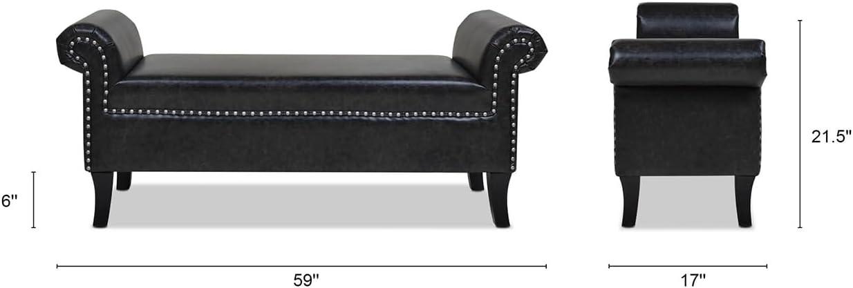 Kathy Roll Arm Entryway Accent Bench Vintage Black Brown Faux Leather