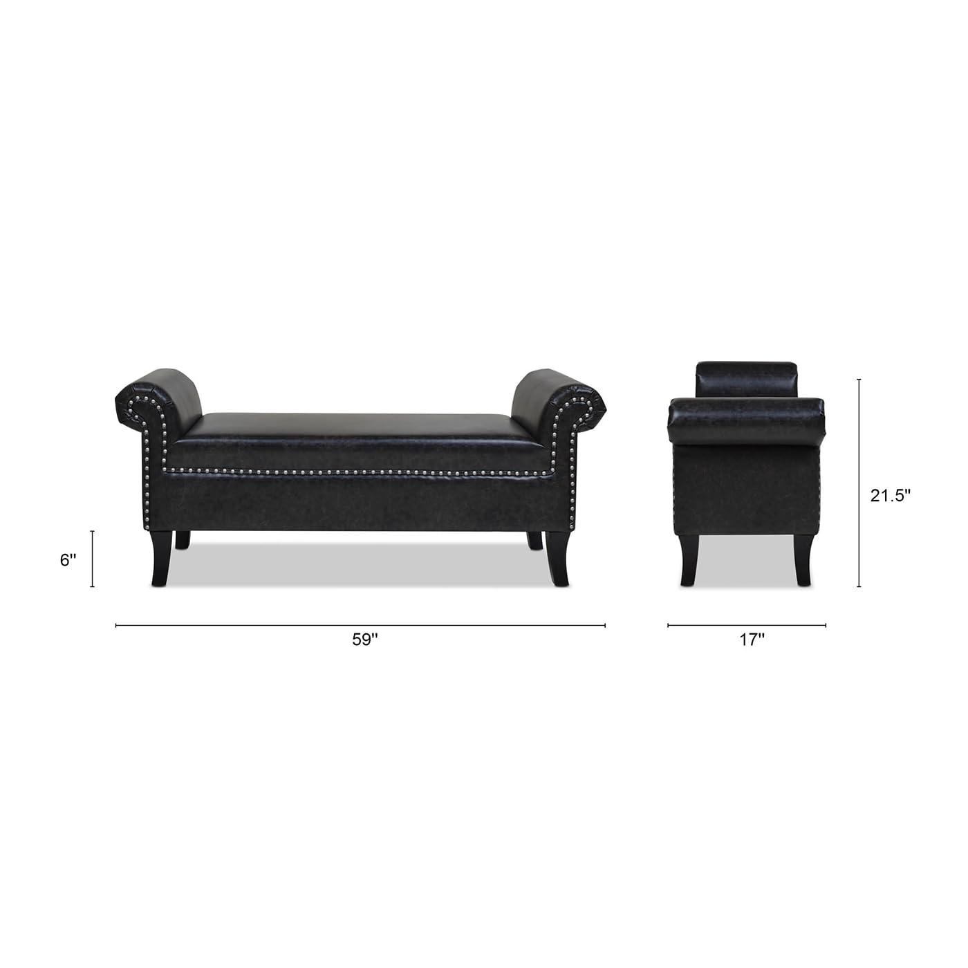 Kathy Roll Arm Entryway Accent Bench Vintage Black Brown Faux Leather