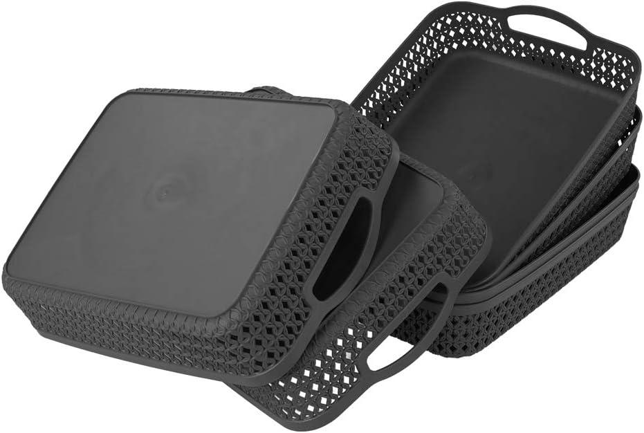 6 Packs Large Plastic Storage Basket Tray with Handle, Shallow Paper Storage Basket, Gray