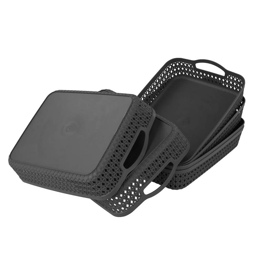 6 Packs Large Plastic Storage Basket Tray with Handle, Shallow Paper Storage Basket, Gray