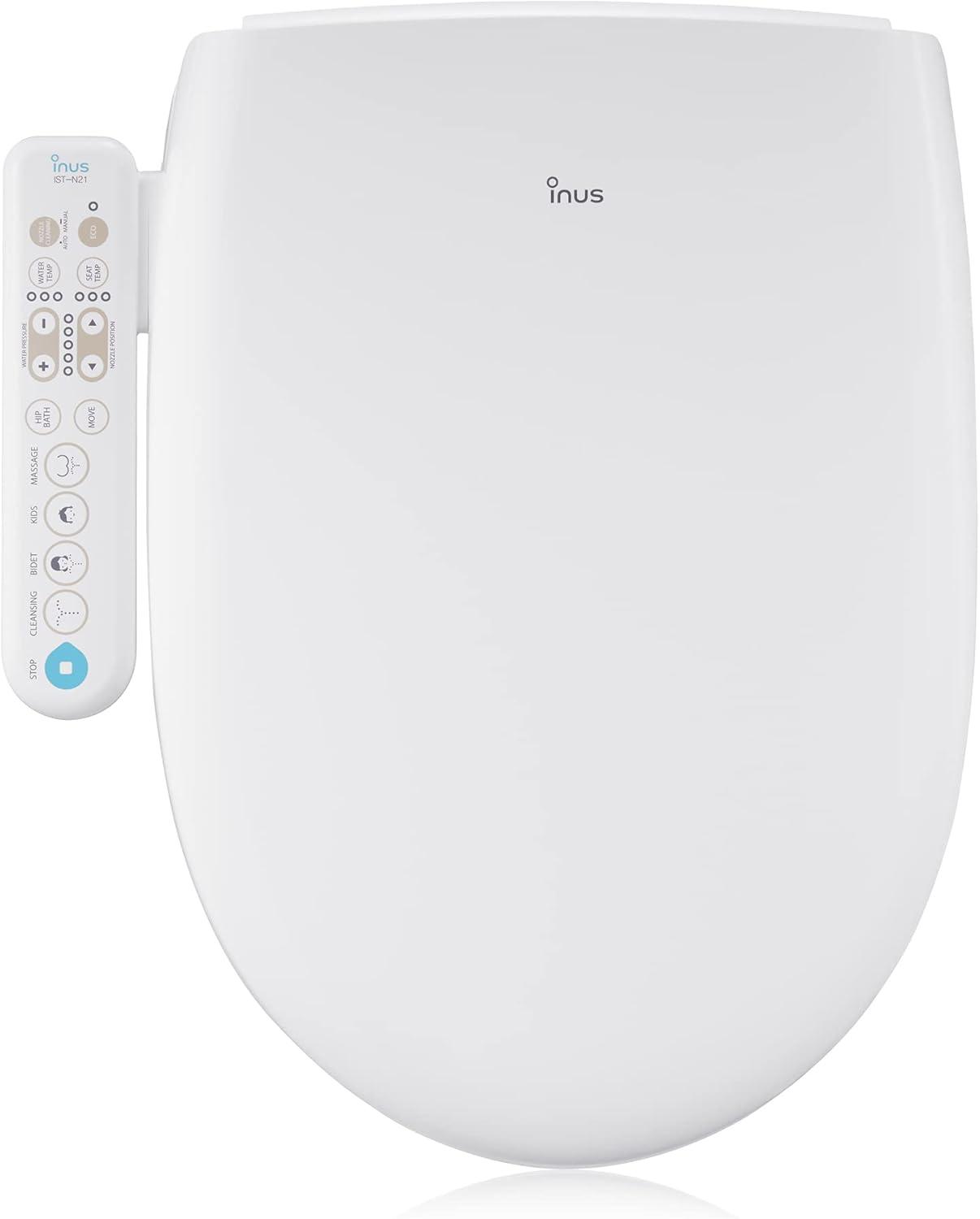 Inus White Elongated Heated Bidet Toilet Seat with Stainless Steel Nozzle