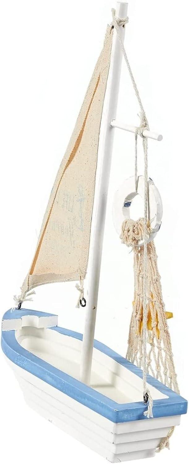 Life is A Journey, Enjoy It Wooden Sailboat Model with Flag, Net, Starfish, and Floating Tube for Nautical Home and Bathroom Boat Decor, Countertop, Shelf (13x8x3 in)