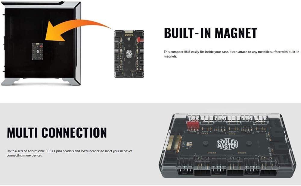 ARGB and PWM Fan HUB,6 Ports for Addressable RGB Lighting,1 to 6 Multi Way Magnetic backplane Splitter 5V/3PIN Case Fan Hub Adapter
