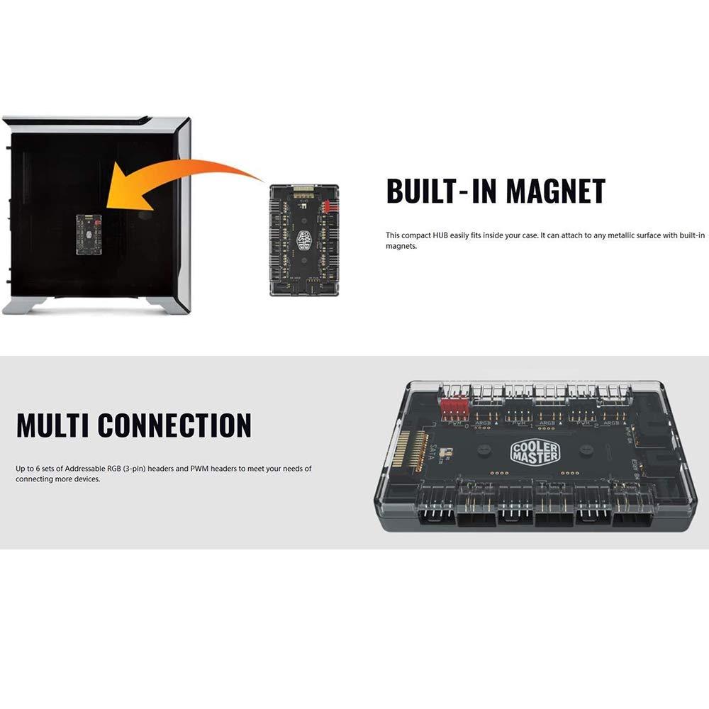 ARGB and PWM Fan HUB,6 Ports for Addressable RGB Lighting,1 to 6 Multi Way Magnetic backplane Splitter 5V/3PIN Case Fan Hub Adapter