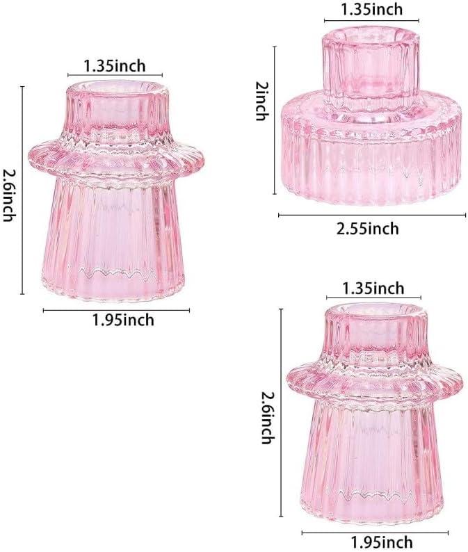 Pink Candlestick Holders Set of 3 Glass Candle Holders for Taper Candles,Pillar Candles and Tealight Candles