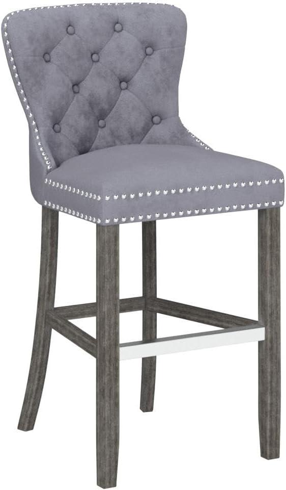 Rustic Gray Velvet Bar Stools with Chrome Handle and Footrest (Set of 2)