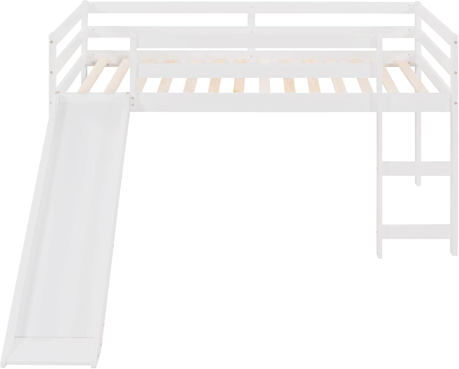 Harper & Bright Designs Kids Loft Bed with Slide,Twin Size Low Loft Beds for Girls Boys Solid Pine Wood Toddler Loft Bed with Ladder and Guard Rails,White