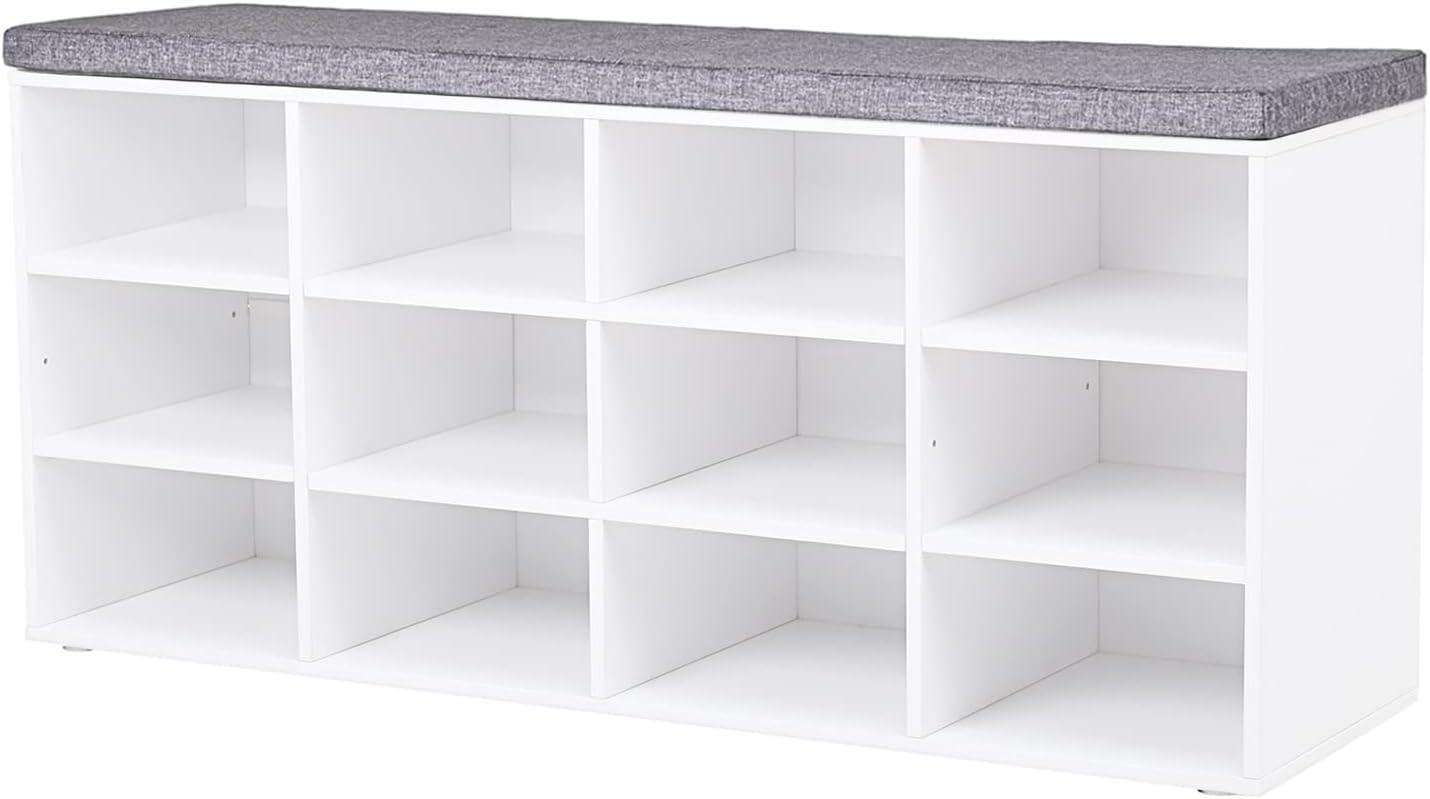 Shoe Bench with Cushion, Entryway Storage Bench with 12 Cubbies, Cubby Shoe Rack with Adjustable Shelves, Shoe Organizer Cabinet for Living Room, Bedroom, Entryway, White SB19003GY