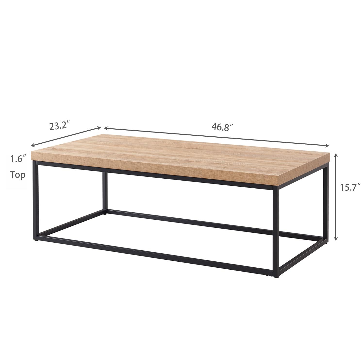 47" Large Natural Oak Coffee table for Living Room, Light Wood, Rectangle Modern Industrial, Wood and Metal, Extra thick tabletop
