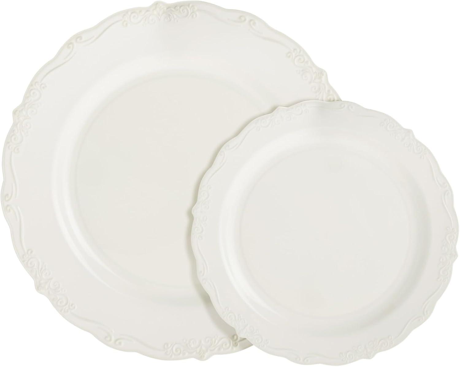 Sparkle and Bash Set of 60 Cream Plastic Plates, Elegant Vintage Design for Party, Weddings (30 Dinner Plates, 30 Appetizer Plates)